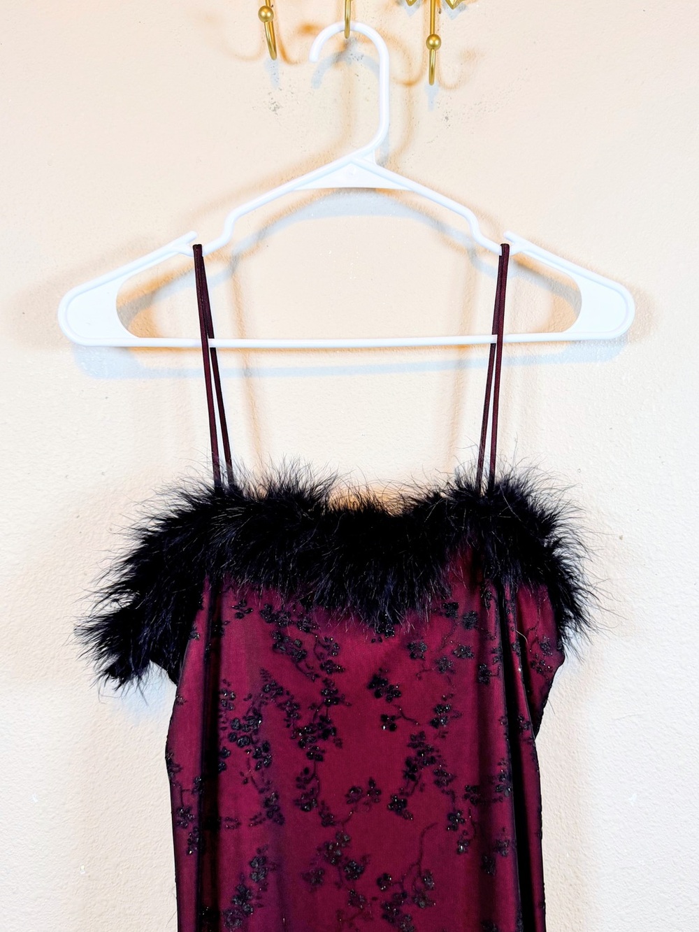 Girls OnlyBurgundy Satin Chemise with Black Lace Overlay w/Marabou Trim. Size L - Picture 2 of 6